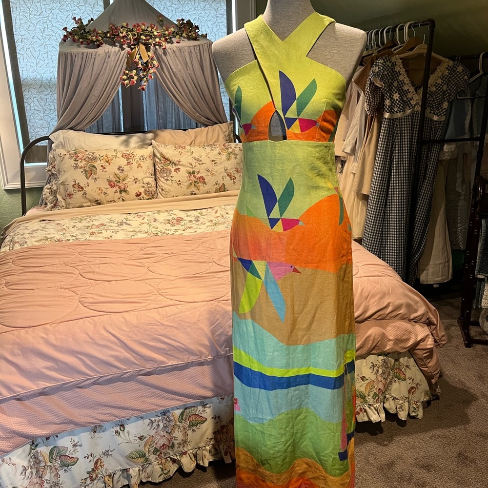 Farm Rio linen maxi dress with colorful geometric birds size small